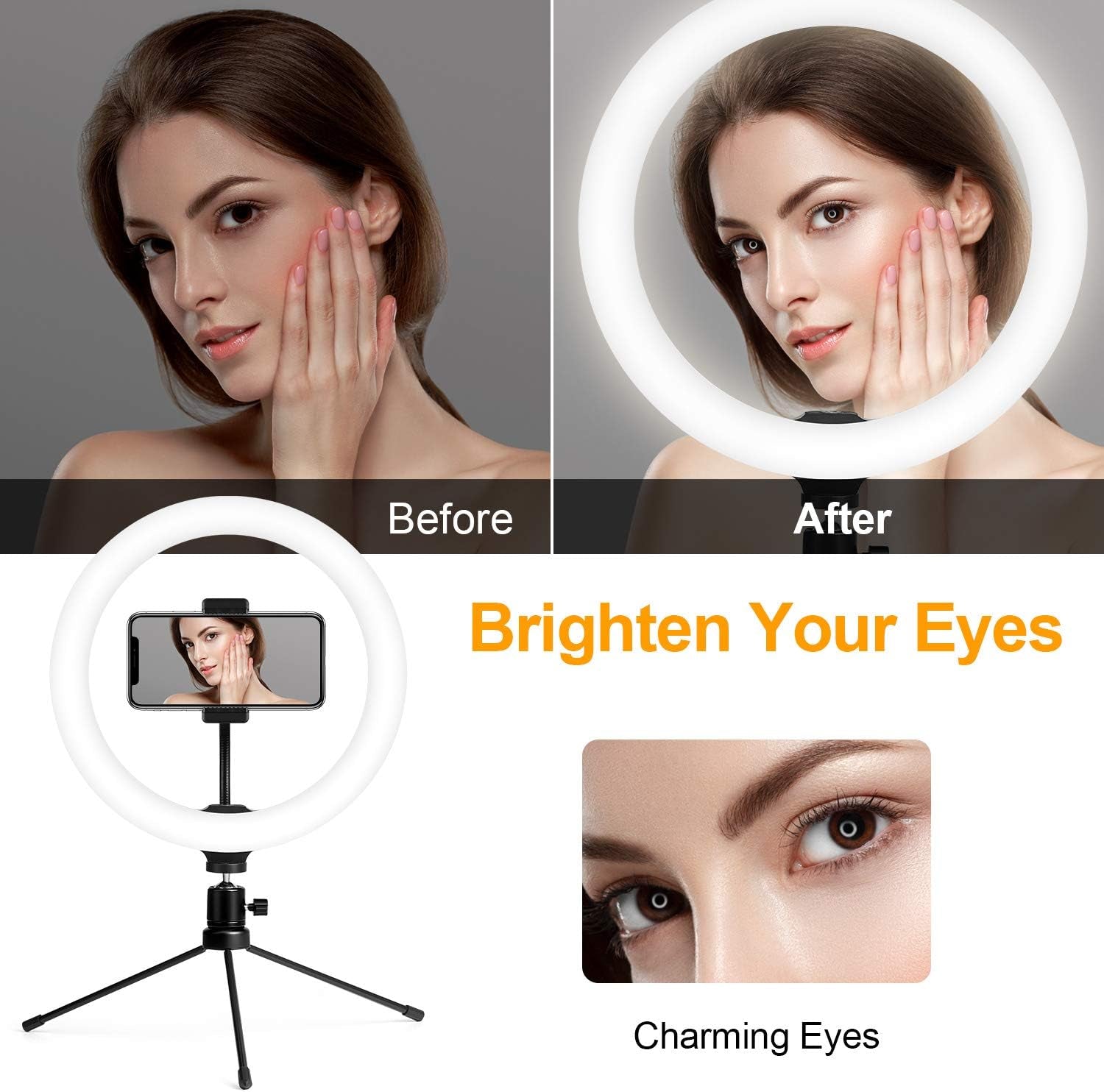 10" Ring Light,  Upgraded Selfie Ring Light with Tripod Stand & Cell Phone Holder Dimmable LED Circle Lights for Live Stream, Makeup, Youtube Video, Tiktok, Selfie Photography Iphone Android