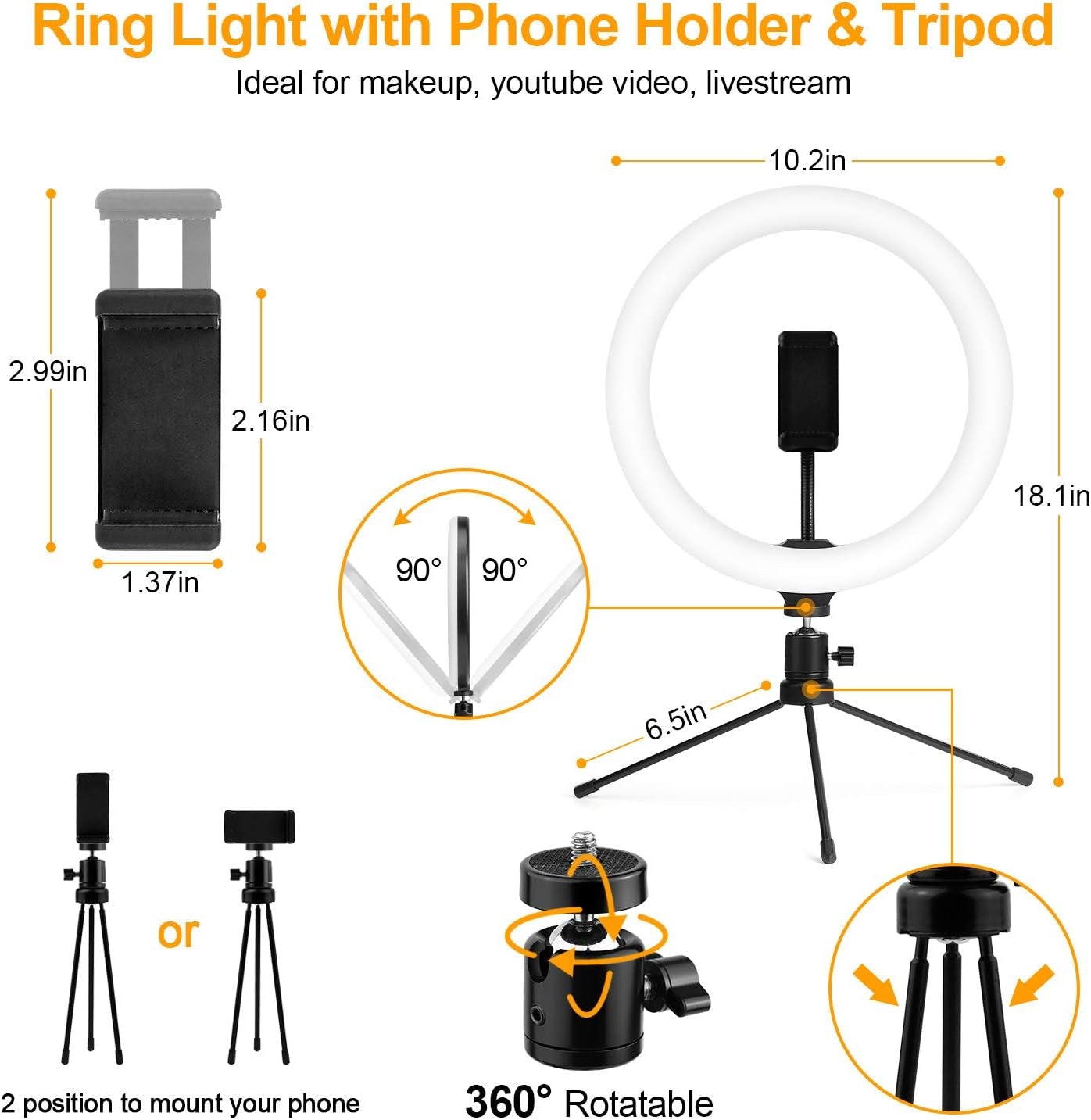 10" Ring Light,  Upgraded Selfie Ring Light with Tripod Stand & Cell Phone Holder Dimmable LED Circle Lights for Live Stream, Makeup, Youtube Video, Tiktok, Selfie Photography Iphone Android