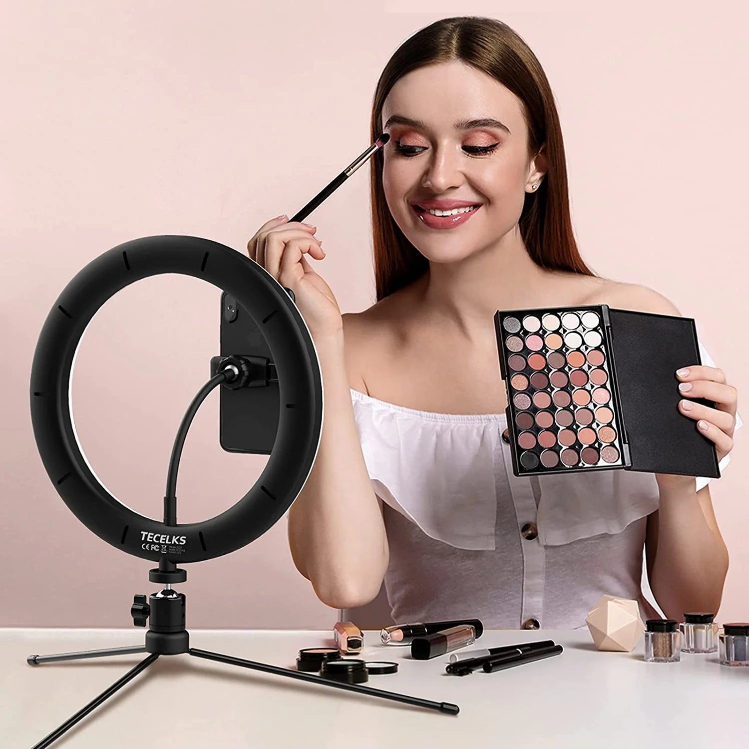 10" LED Ring Light with Tripod Stand, Phone Holder, Wireless Shutter, Dimmable Desktop Light