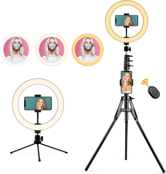 10" Ring Light,  Upgraded Selfie Ring Light with Tripod Stand & Cell Phone Holder Dimmable LED Circle Lights for Live Stream, Makeup, Youtube Video, Tiktok, Selfie Photography Iphone Android